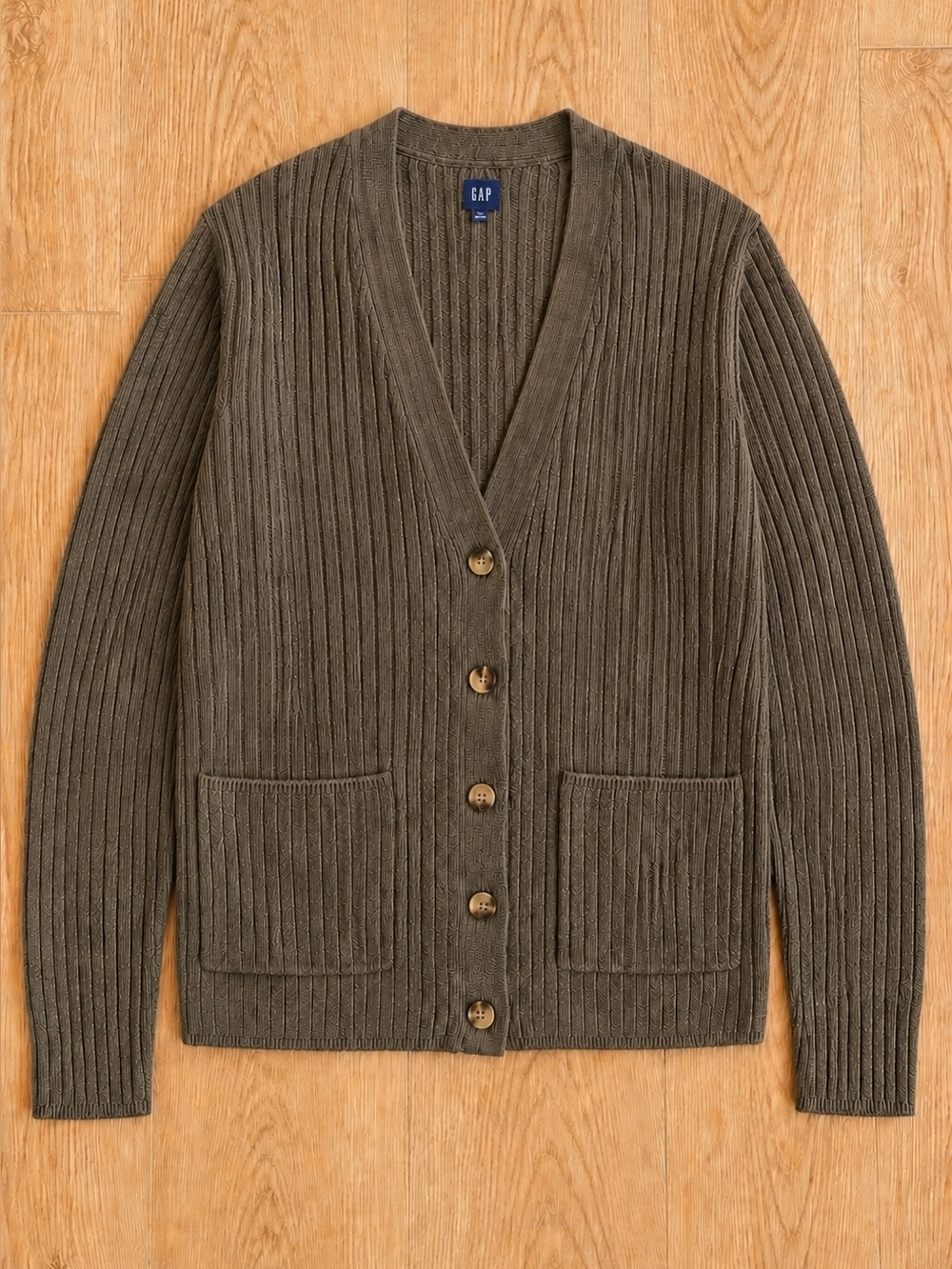 GAP Ribbed Wool Blend Cardigan Sweater Olive Green XL Cozy Grandpa Core